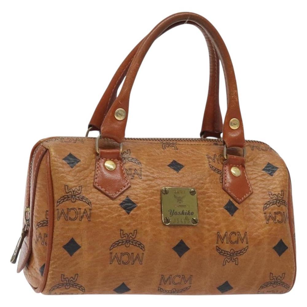 MCM Logogram Vicetos Mini Boston Bag PVC Leather Brown Gold Auth BA3978